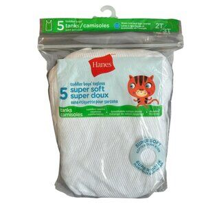 Hanes White Super Soft Toddler Boys Tagless Tanks 5 Pack / 2T-3T